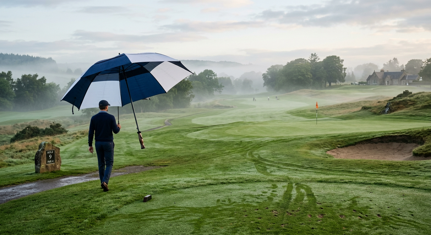 Navy and white golf umbrella open on a misty golf course