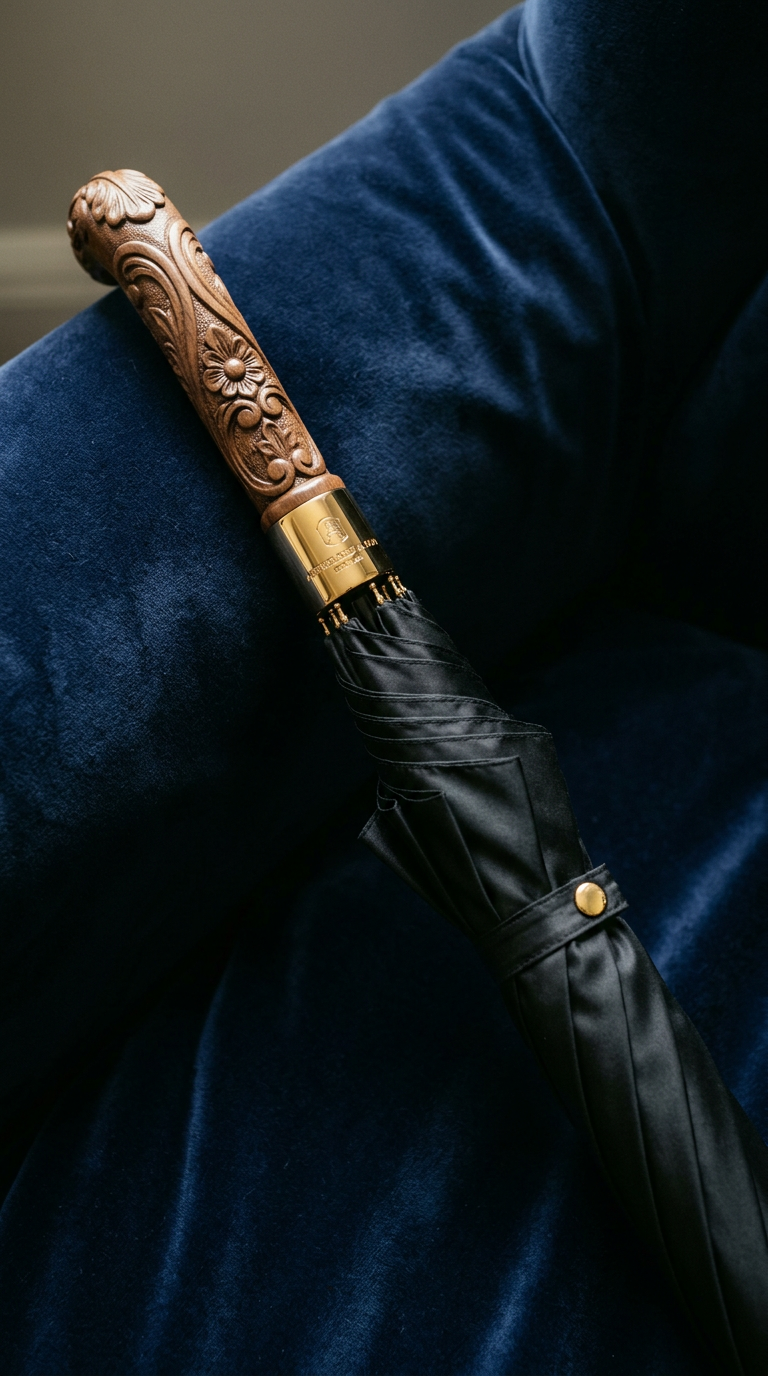 Black silk umbrella with carved walnut handle against navy velvet