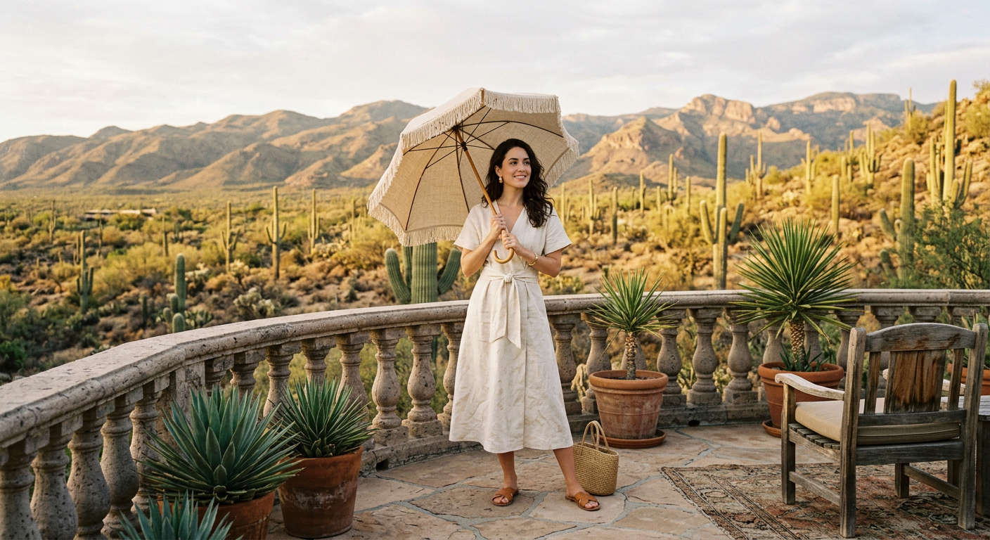 Woman holding a beige sun parasol on a desert resort terrace