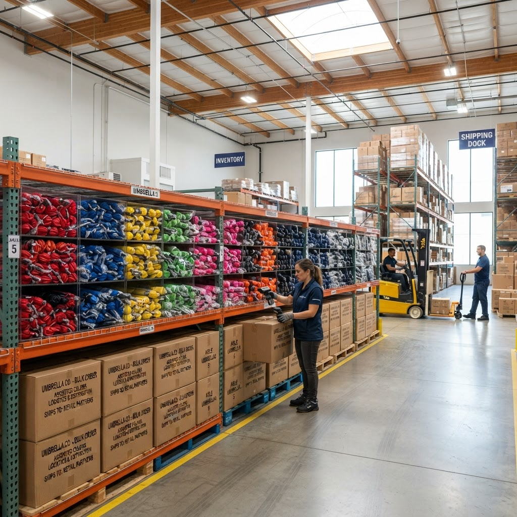 SARDURIUX distribution warehouse with stacked cartons and umbrellas