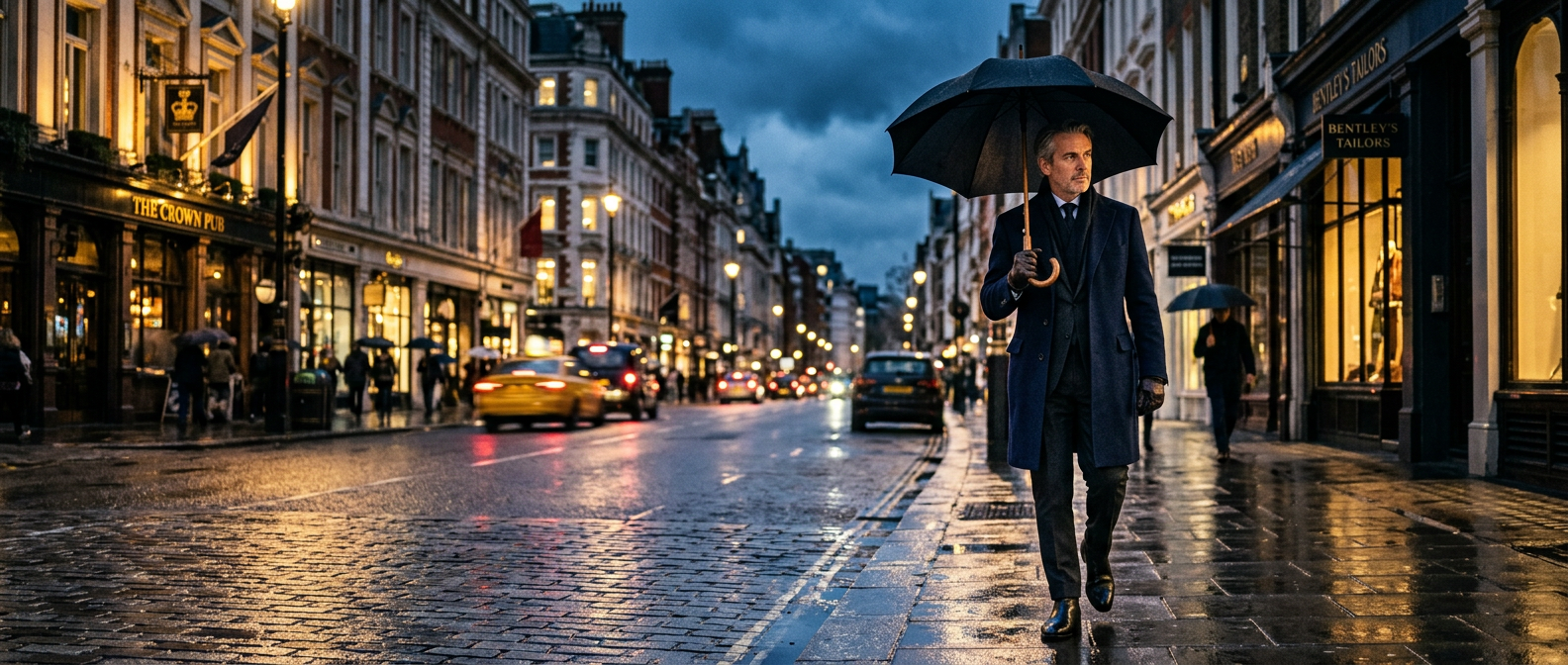 A gentleman carrying a SARDURIUX walnut-handle umbrella on a rain-soaked street at dusk