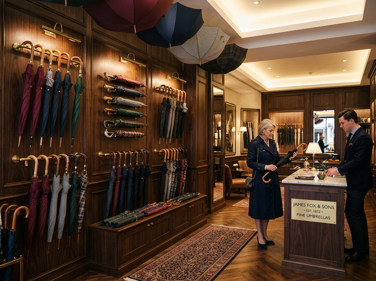 SARDURIUX showroom with premium umbrellas displayed on dark wood walls